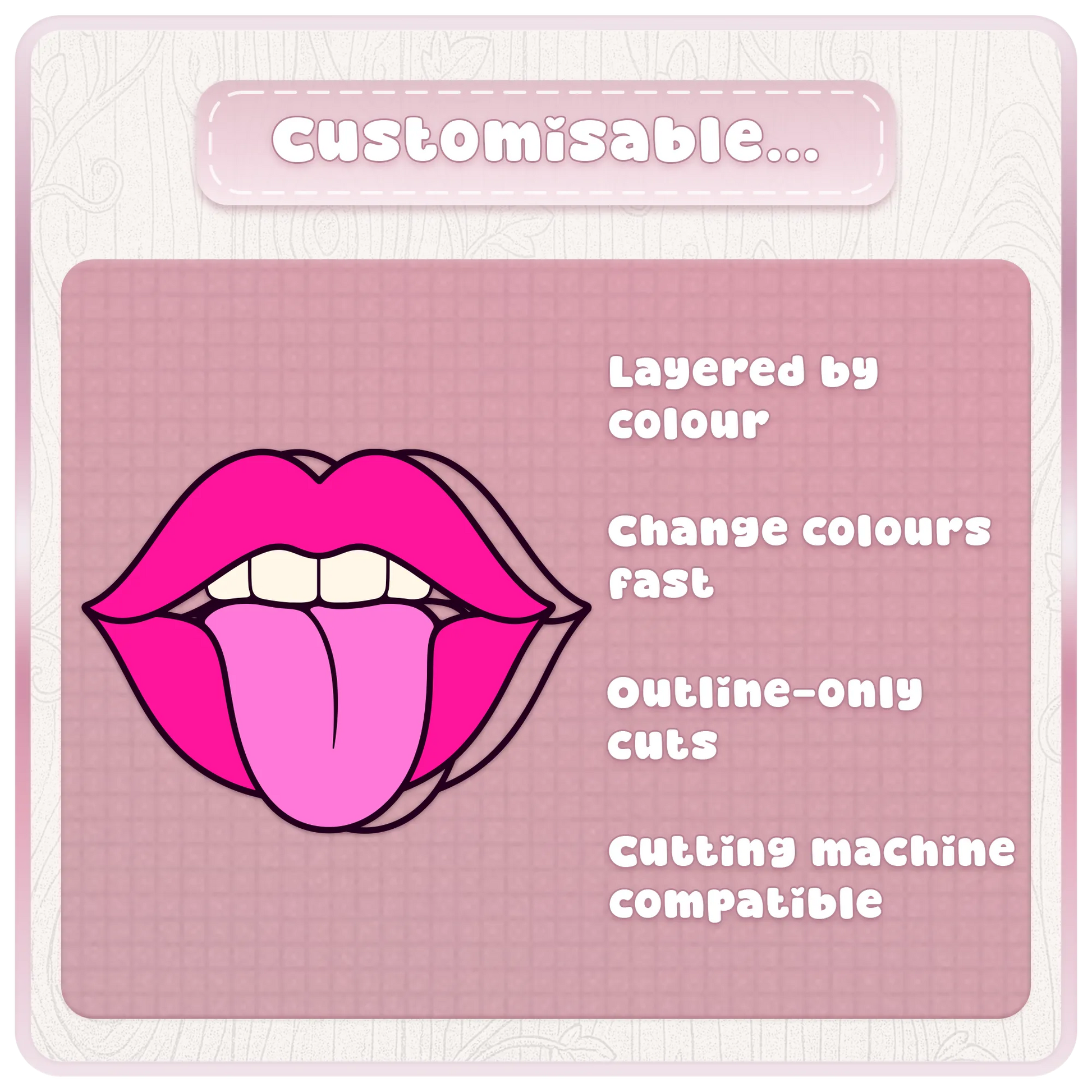 Customisable Y2K lips SVG preview showing layered color files, editable pink lip clipart, outline-only cuts, and cutting machine compatible designs.