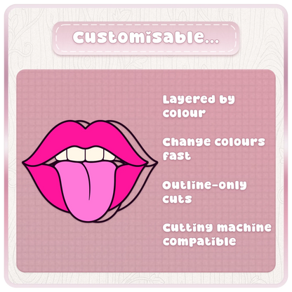 Customisable Y2K lips SVG preview showing layered color files, editable pink lip clipart, outline-only cuts, and cutting machine compatible designs.