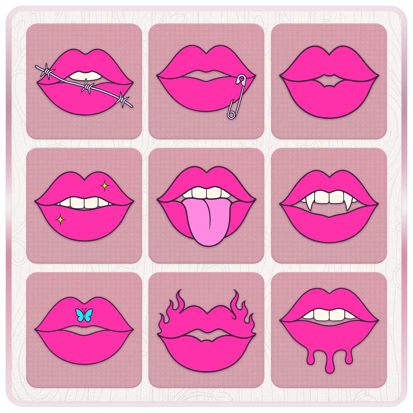Y2K lips clipart bundle preview featuring nine hot pink lip designs with barbed wire, safety pin, fangs, stars, tongue, butterfly, flames, and dripping details.