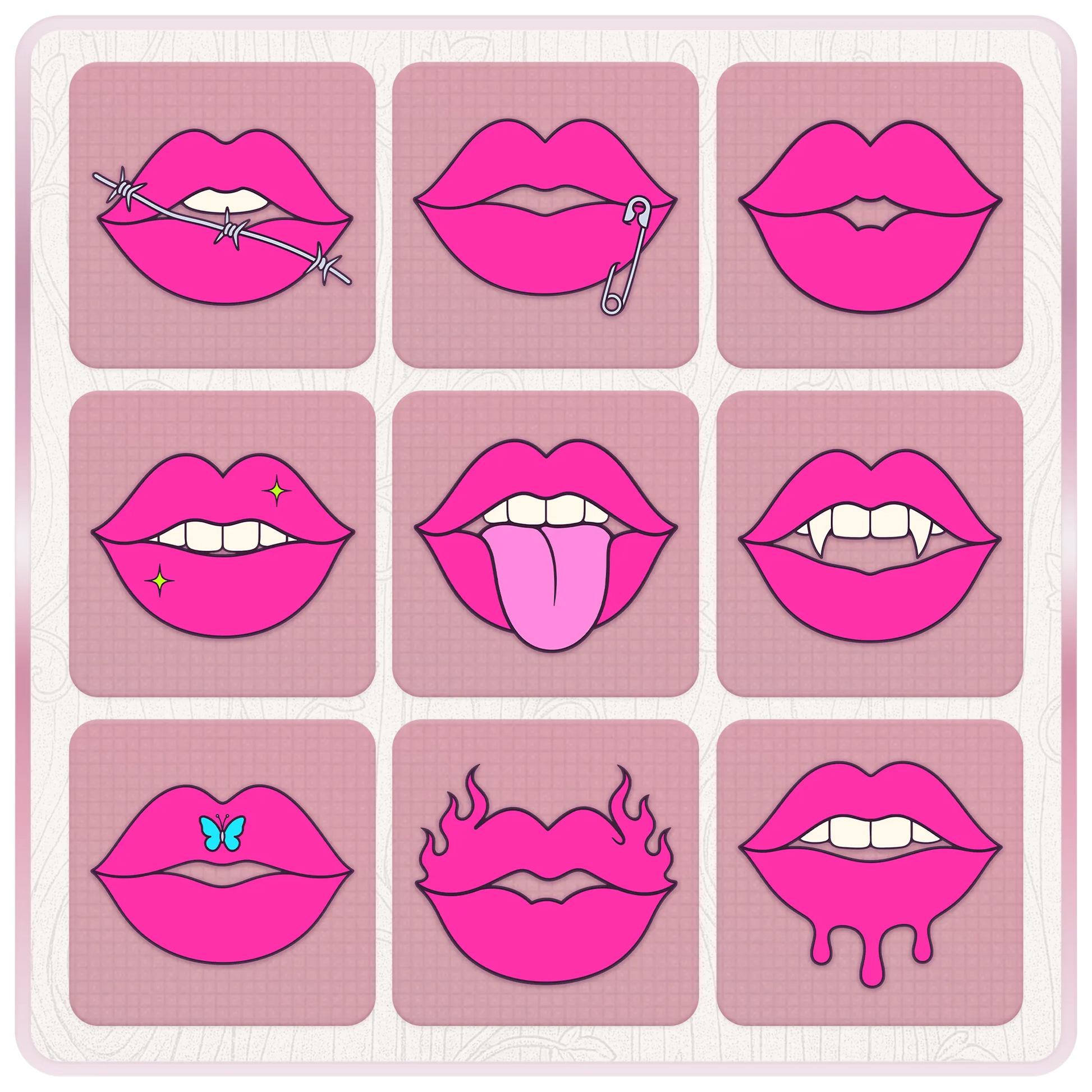 Y2K lips clipart bundle preview featuring nine hot pink lip designs with barbed wire, safety pin, fangs, stars, tongue, butterfly, flames, and dripping details.