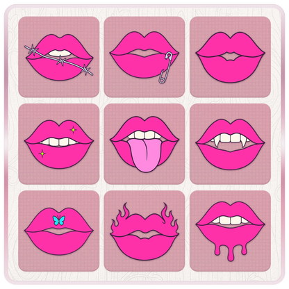 Y2K lips clipart bundle preview featuring nine hot pink lip designs with barbed wire, safety pin, fangs, stars, tongue, butterfly, flames, and dripping details.