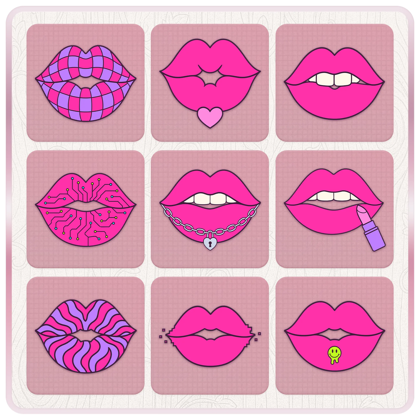 Y2K pink lips SVG PNG bundle preview with retro 2000s lip designs including checkered lips, heart lips, cyber lips, chain lips, lipstick, zebra lips, pixel lips, and smiley piercing.
