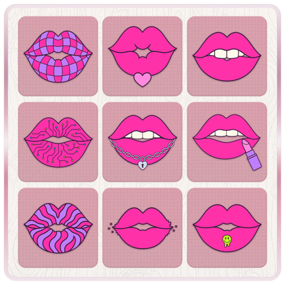 Y2K pink lips SVG PNG bundle preview with retro 2000s lip designs including checkered lips, heart lips, cyber lips, chain lips, lipstick, zebra lips, pixel lips, and smiley piercing.