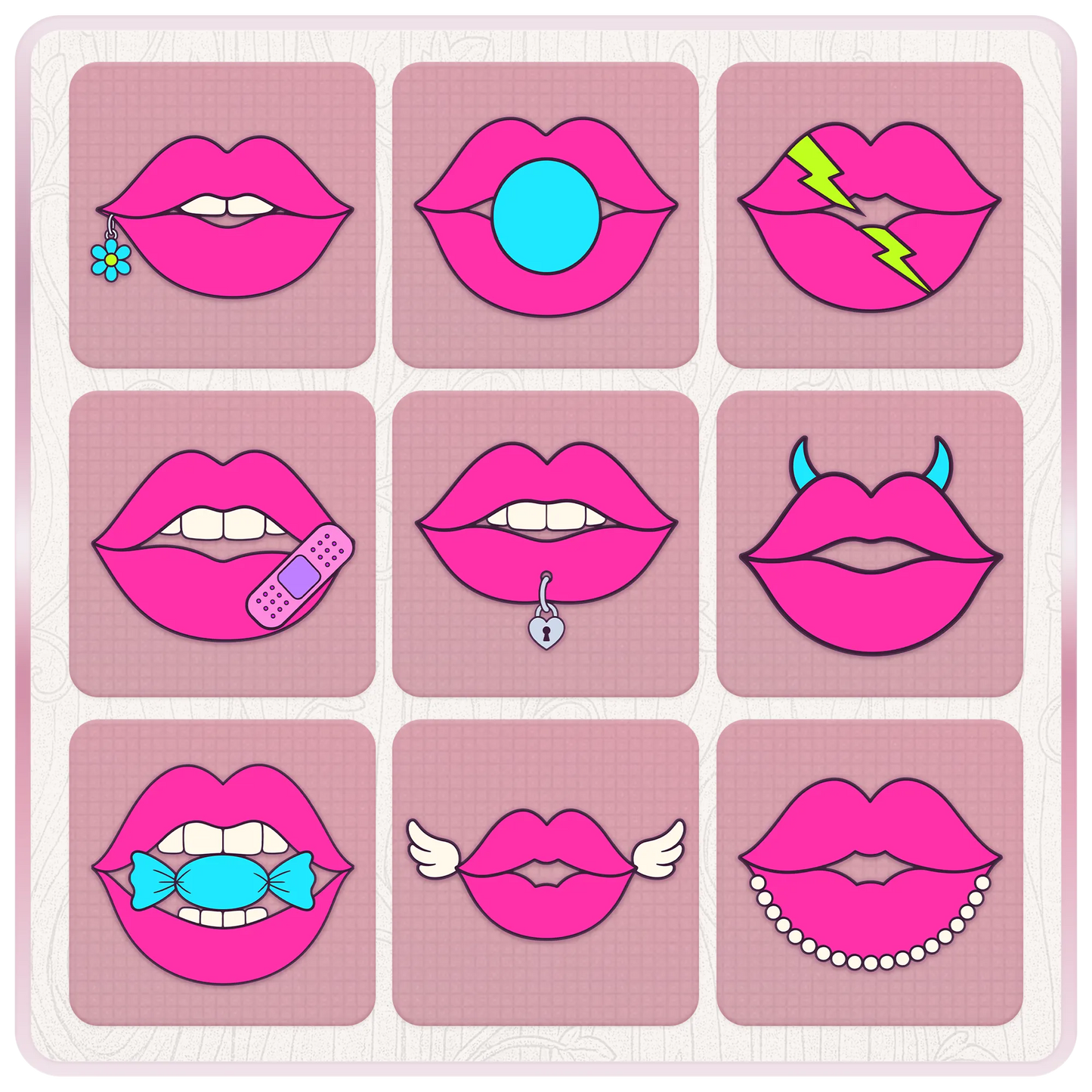Y2K lips digital clipart preview featuring hot pink lip designs with flower charm, bubblegum, lightning bolt, bandage, lip ring, devil horns, candy, angel wings, and pearls.