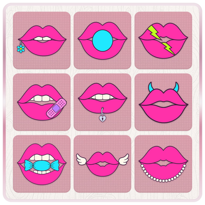 Y2K lips digital clipart preview featuring hot pink lip designs with flower charm, bubblegum, lightning bolt, bandage, lip ring, devil horns, candy, angel wings, and pearls.