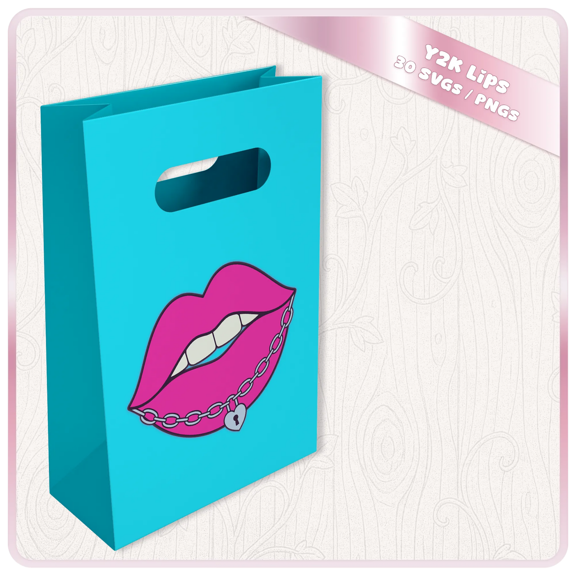 Y2K Lips SVG and PNG mockup showing hot pink chain lip clipart printed on a turquoise gift bag for DIY craft and small business packaging projects.