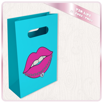 Y2K Lips SVG and PNG mockup showing hot pink chain lip clipart printed on a turquoise gift bag for DIY craft and small business packaging projects.