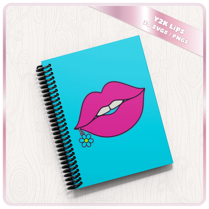 Y2K Lips SVG PNG mockup featuring hot pink lip clipart with flower charm on a turquoise spiral notebook for planner, journal, and printable craft designs.