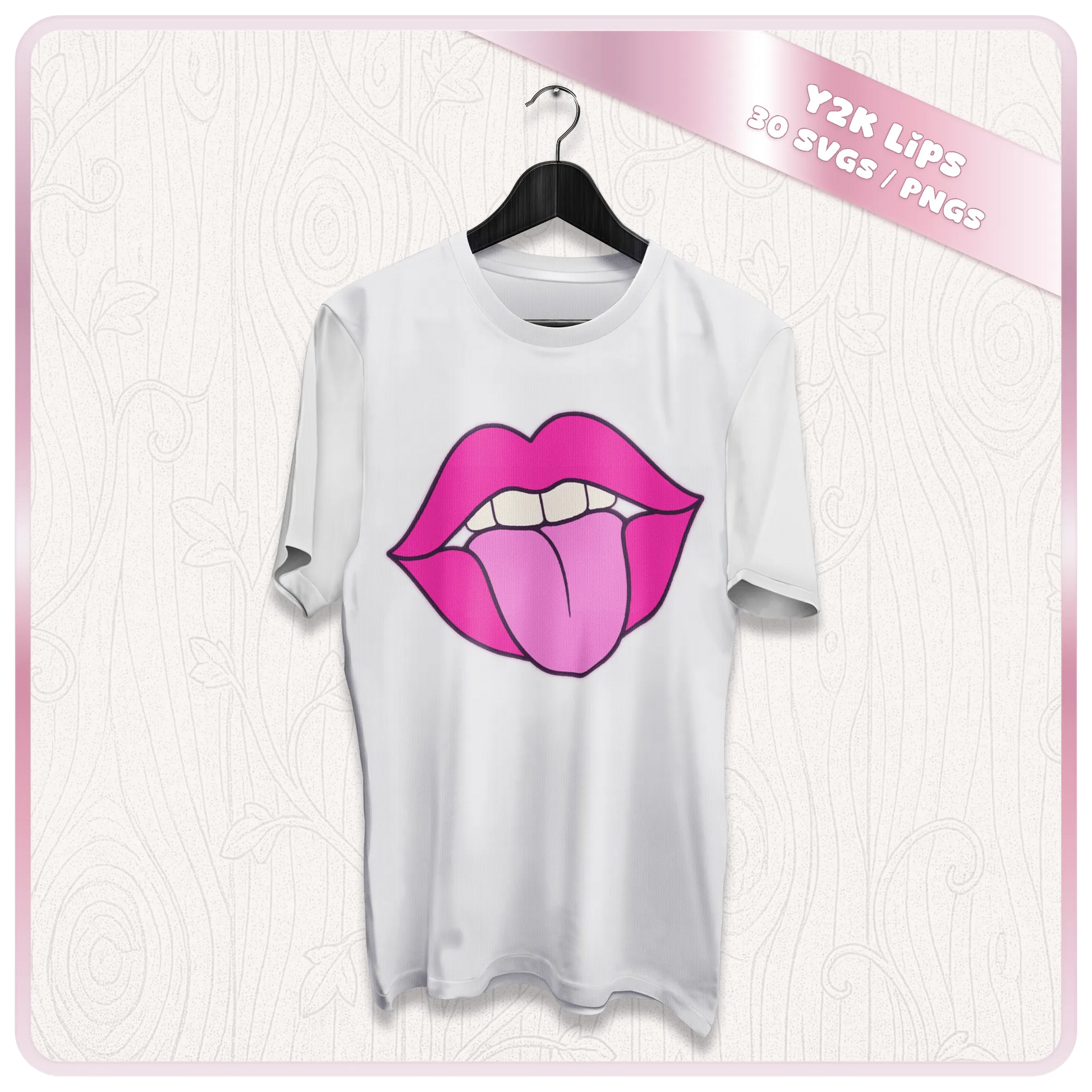 Y2K Lips SVG PNG mockup showing pink tongue-out lips design on a white t-shirt for sublimation, vinyl, apparel, and Cricut projects.