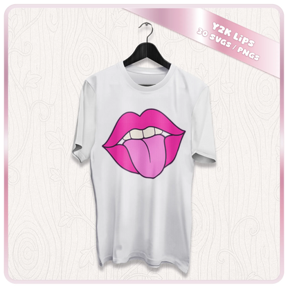 Y2K Lips SVG PNG mockup showing pink tongue-out lips design on a white t-shirt for sublimation, vinyl, apparel, and Cricut projects.