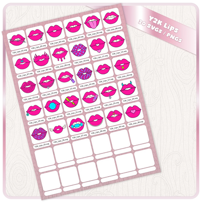 Y2K Lips 30 SVG PNG bundle preview sheet showing hot pink retro lip clipart files for Cricut, stickers, sublimation, shirts, planners, and digital crafts.