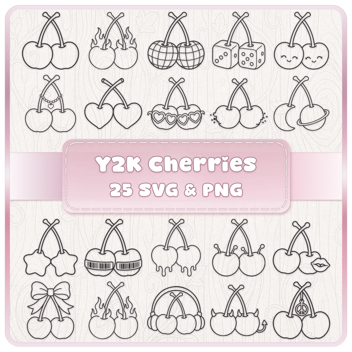 Y2K Cherries SVG PNG bundle with 25 retro cherry designs including flames, dice, disco cherries, headphones, hearts, sunglasses, devil cherries and cute clipart
