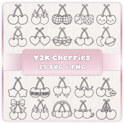 Y2K Cherries SVG PNG bundle with 25 retro cherry designs including flames, dice, disco cherries, headphones, hearts, sunglasses, devil cherries and cute clipart