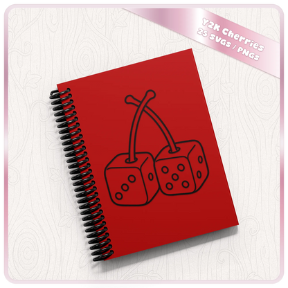 Y2K dice cherries SVG shown on red notebook mockup for retro 2000s crafts, Cricut projects, stickers, vinyl and digital designs
