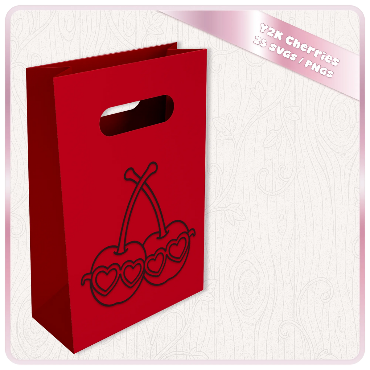 Y2K cherry SVG with heart sunglasses shown on red gift bag mockup from retro 2000s cherries SVG and PNG clipart bundle