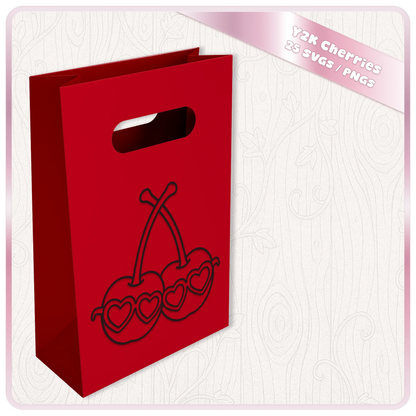 Y2K cherry SVG with heart sunglasses shown on red gift bag mockup from retro 2000s cherries SVG and PNG clipart bundle