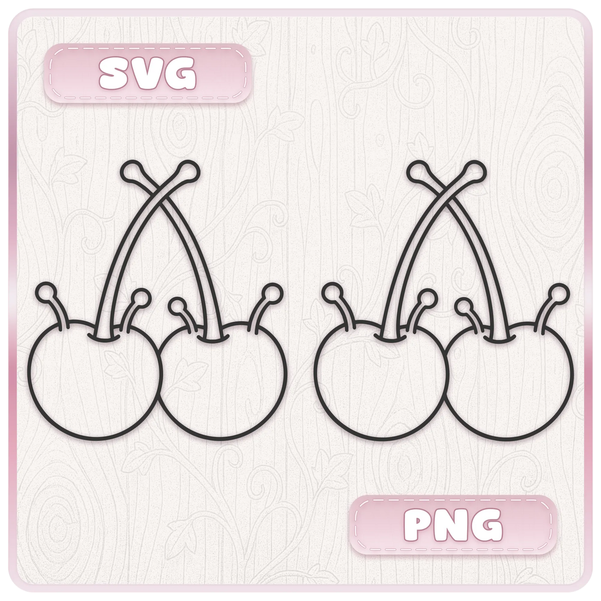 Y2K cherries SVG and PNG digital files showing retro cherry line art for Cricut, Silhouette, vinyl cutting and creative craft projects