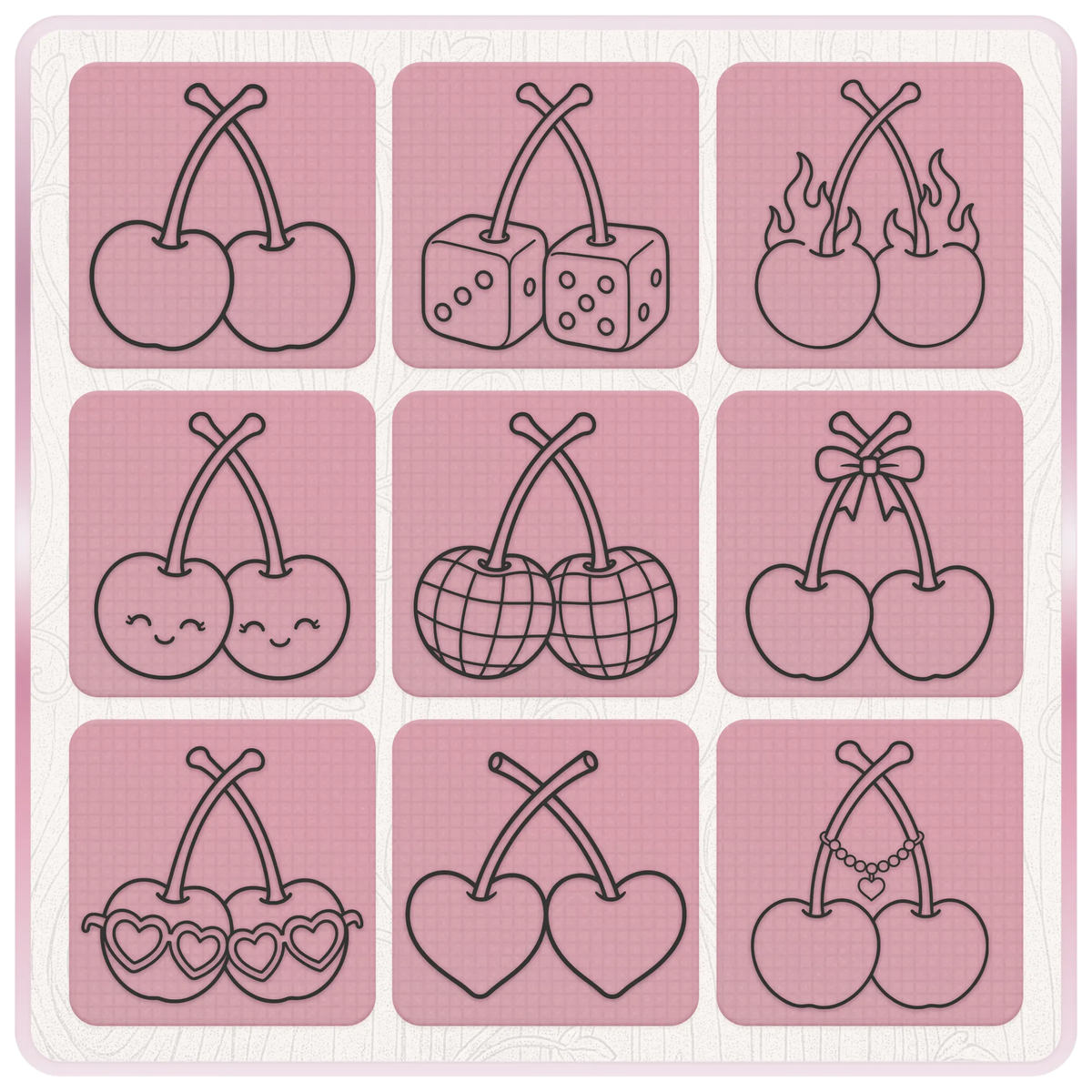 Retro Y2K cherry SVG collection featuring classic cherries, dice cherries, flaming cherries, cute kawaii cherries, disco cherries, heart cherries and cherry jewellery
