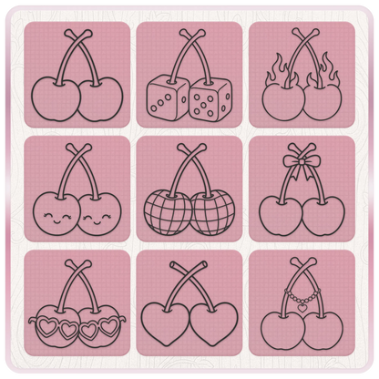 Retro Y2K cherry SVG collection featuring classic cherries, dice cherries, flaming cherries, cute kawaii cherries, disco cherries, heart cherries and cherry jewellery