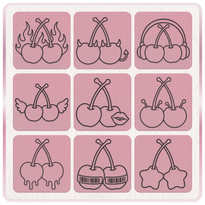 Y2K cherries SVG designs featuring flaming cherries, devil cherries, cherry headphones, angel wings, melting cherries, bow cherries and retro 2000s clipart