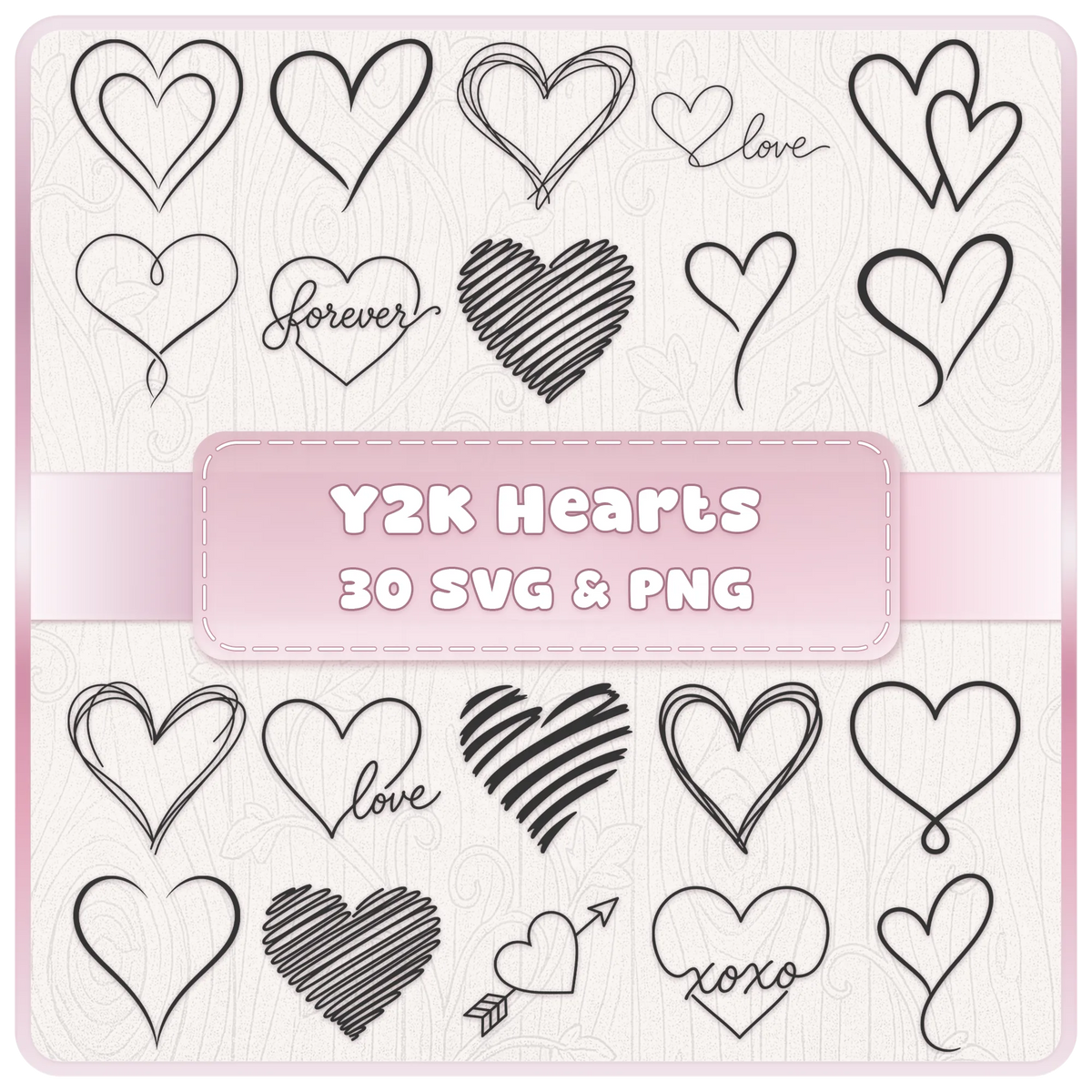 Doodle Hearts SVG PNG bundle with 30 hand drawn heart clipart designs for Cricut, Valentine's Day, love and romantic craft projects