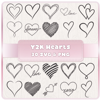 Doodle Hearts SVG PNG bundle with 30 hand drawn heart clipart designs for Cricut, Valentine's Day, love and romantic craft projects