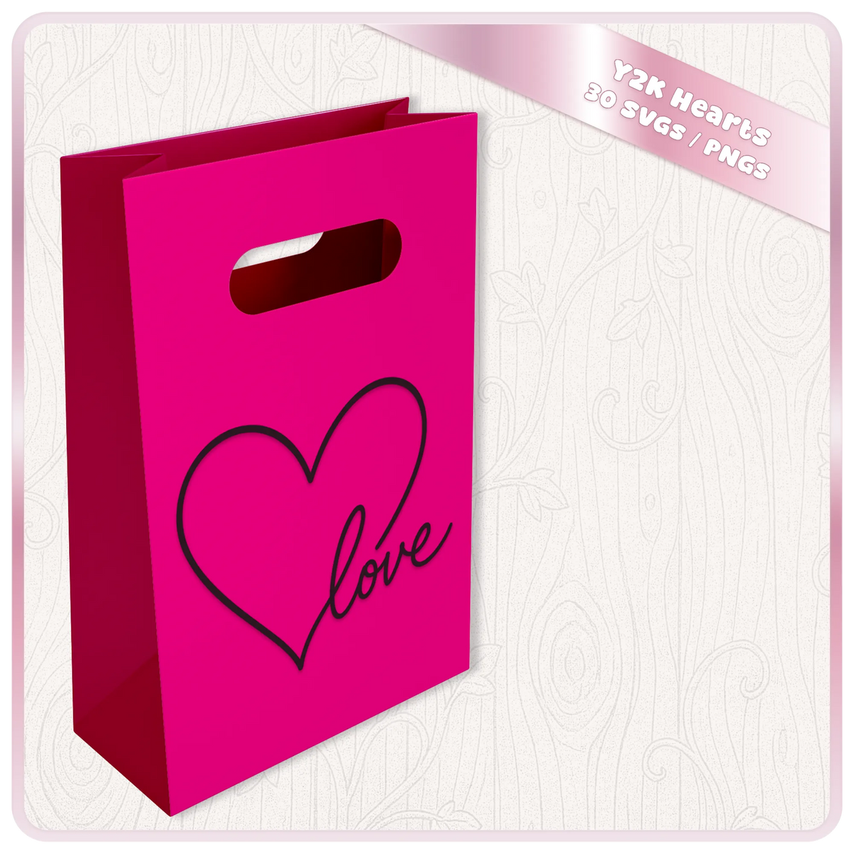 Hand drawn love heart SVG displayed on a pink gift bag, romantic heart clipart for Valentine's Day crafts and Cricut projects