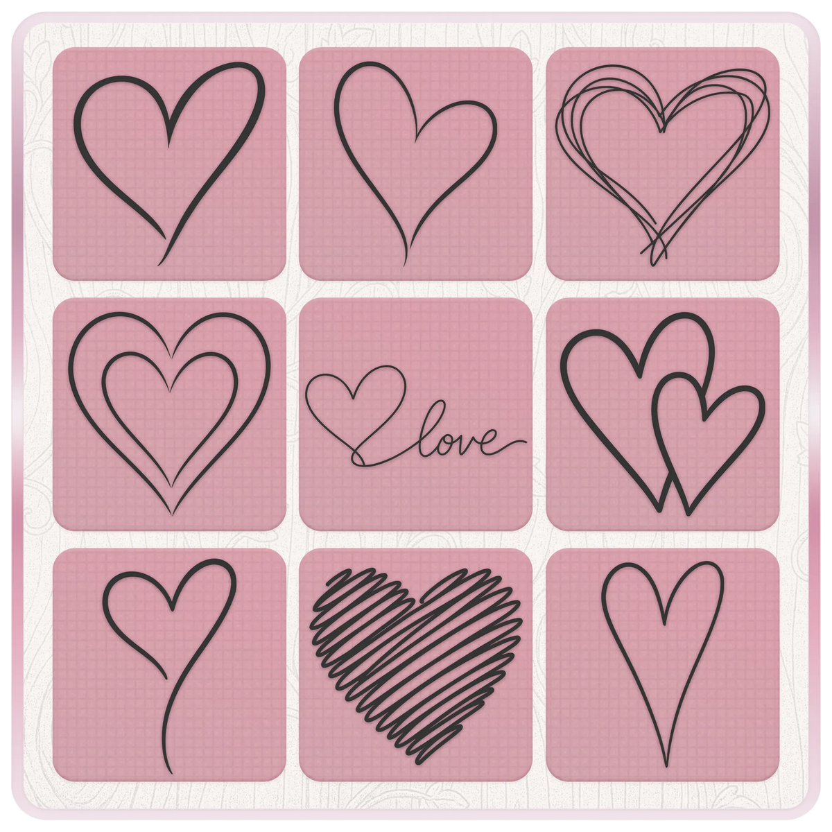 Nine hand drawn heart SVG and PNG designs including scribble hearts, love lettering, double hearts and simple heart outlines