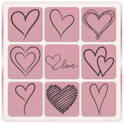 Nine hand drawn heart SVG and PNG designs including scribble hearts, love lettering, double hearts and simple heart outlines