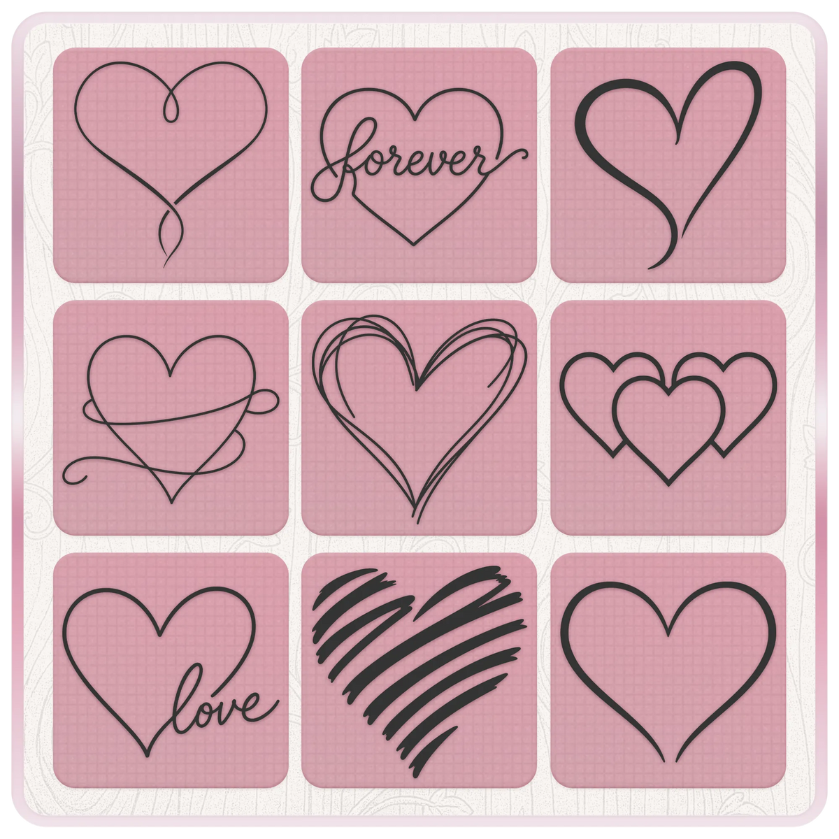 Nine doodle heart SVG and PNG clipart designs including Forever, Love, overlapping hearts and hand drawn scribble hearts