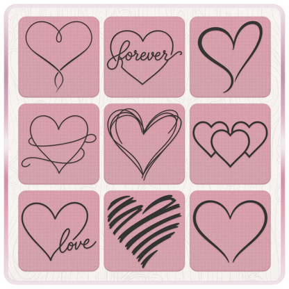 Nine doodle heart SVG and PNG clipart designs including Forever, Love, overlapping hearts and hand drawn scribble hearts