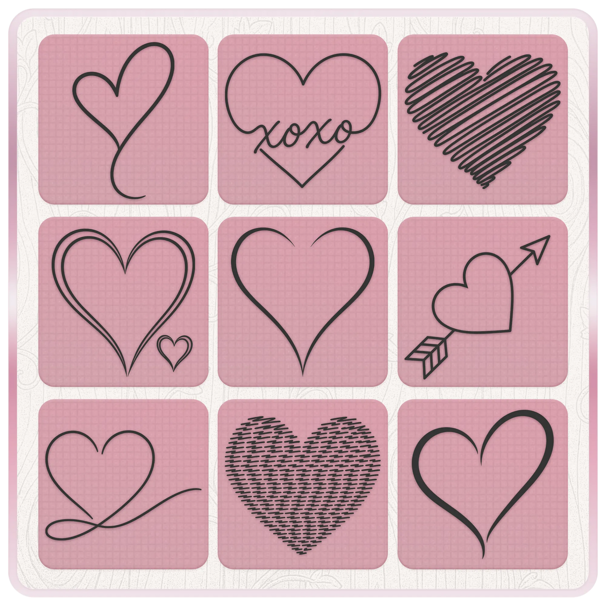 Nine heart SVG and PNG clipart designs including XOXO heart, Cupid arrow heart, scribbled hearts and flowing heart outlines