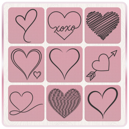 Nine heart SVG and PNG clipart designs including XOXO heart, Cupid arrow heart, scribbled hearts and flowing heart outlines