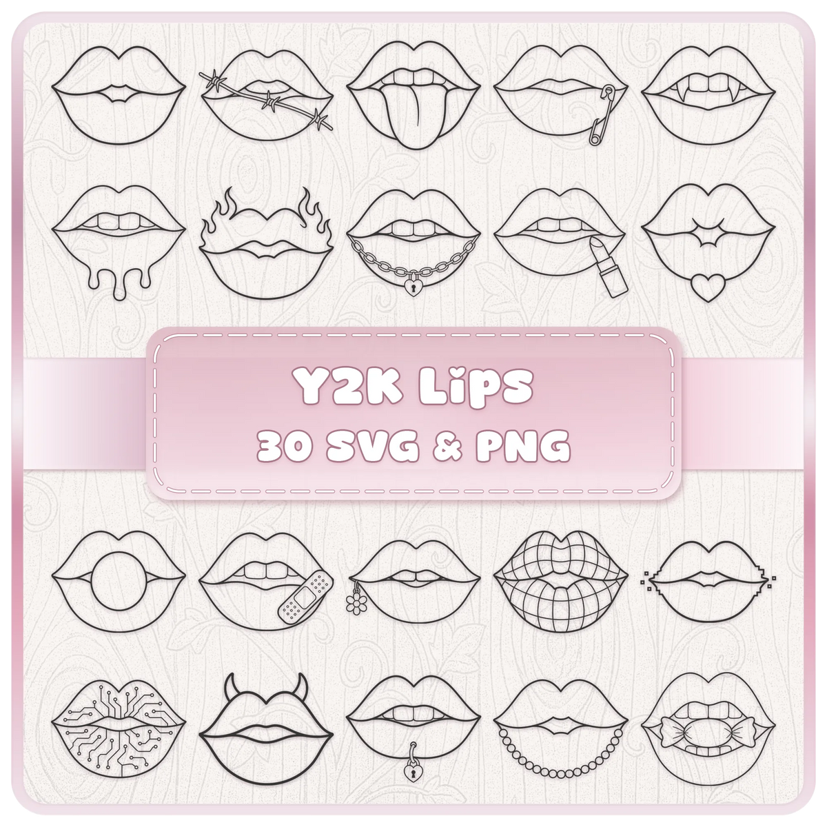 Y2K Lips SVG PNG bundle with 30 retro lip designs featuring vampire fangs, flames, piercings, chains, lipstick, hearts and alternative 2000s details