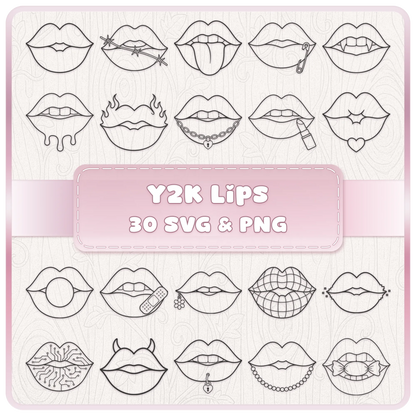 Y2K Lips SVG PNG bundle with 30 retro lip designs featuring vampire fangs, flames, piercings, chains, lipstick, hearts and alternative 2000s details