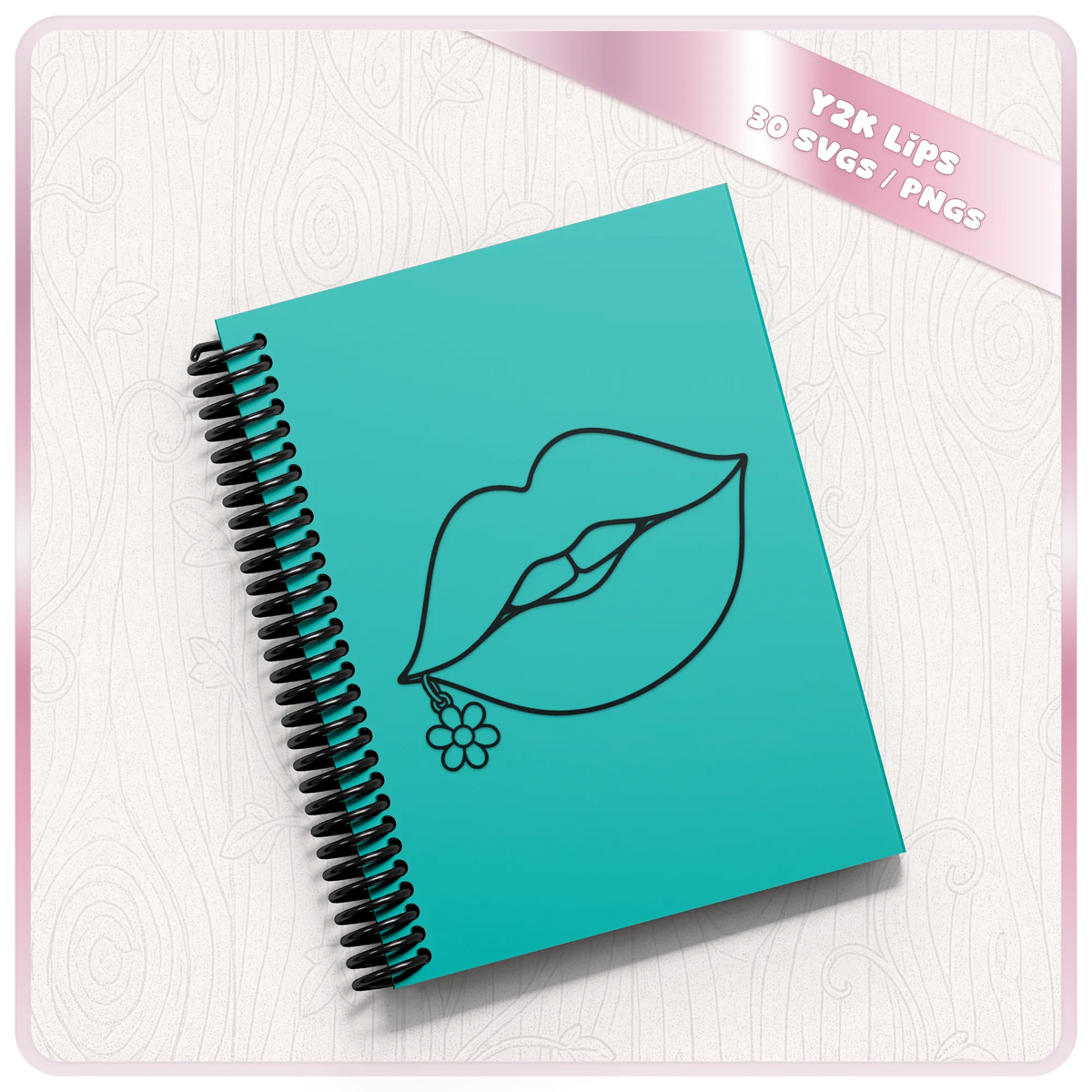 Y2K lips SVG with flower lip piercing shown on turquoise notebook mockup for retro 2000s Cricut and vinyl craft projects