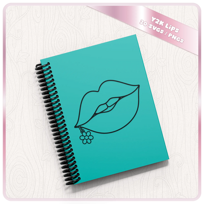 Y2K lips SVG with flower lip piercing shown on turquoise notebook mockup for retro 2000s Cricut and vinyl craft projects