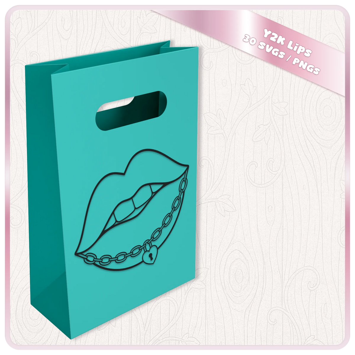 Y2K lips SVG with chain and heart lock shown on turquoise gift bag mockup from retro lips SVG and PNG clipart bundle