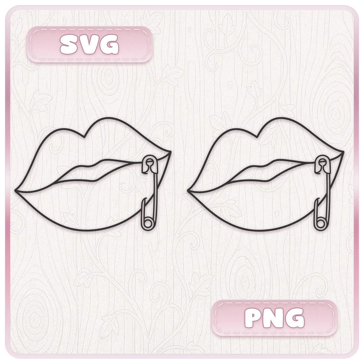 Y2K safety pin lips design shown as SVG and PNG digital files from 30 retro lips clipart and cutting file bundle
