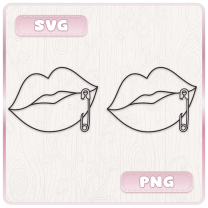 Y2K safety pin lips design shown as SVG and PNG digital files from 30 retro lips clipart and cutting file bundle