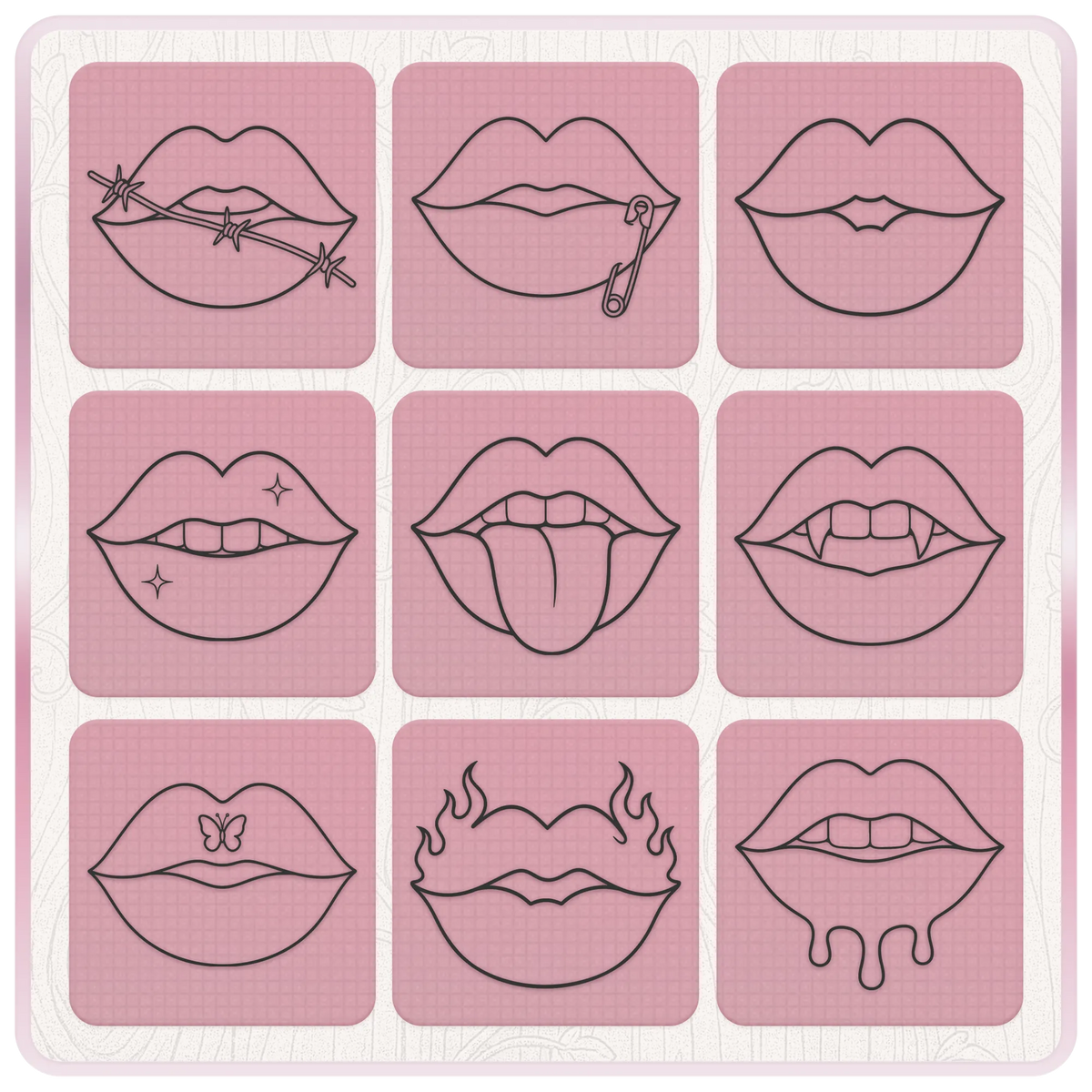Y2K lips SVG designs featuring barbed wire, safety pin, vampire fangs, butterfly, flames and dripping lips for retro 2000s crafts