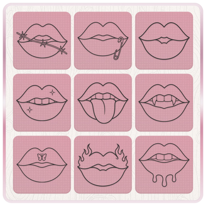 Y2K lips SVG designs featuring barbed wire, safety pin, vampire fangs, butterfly, flames and dripping lips for retro 2000s crafts