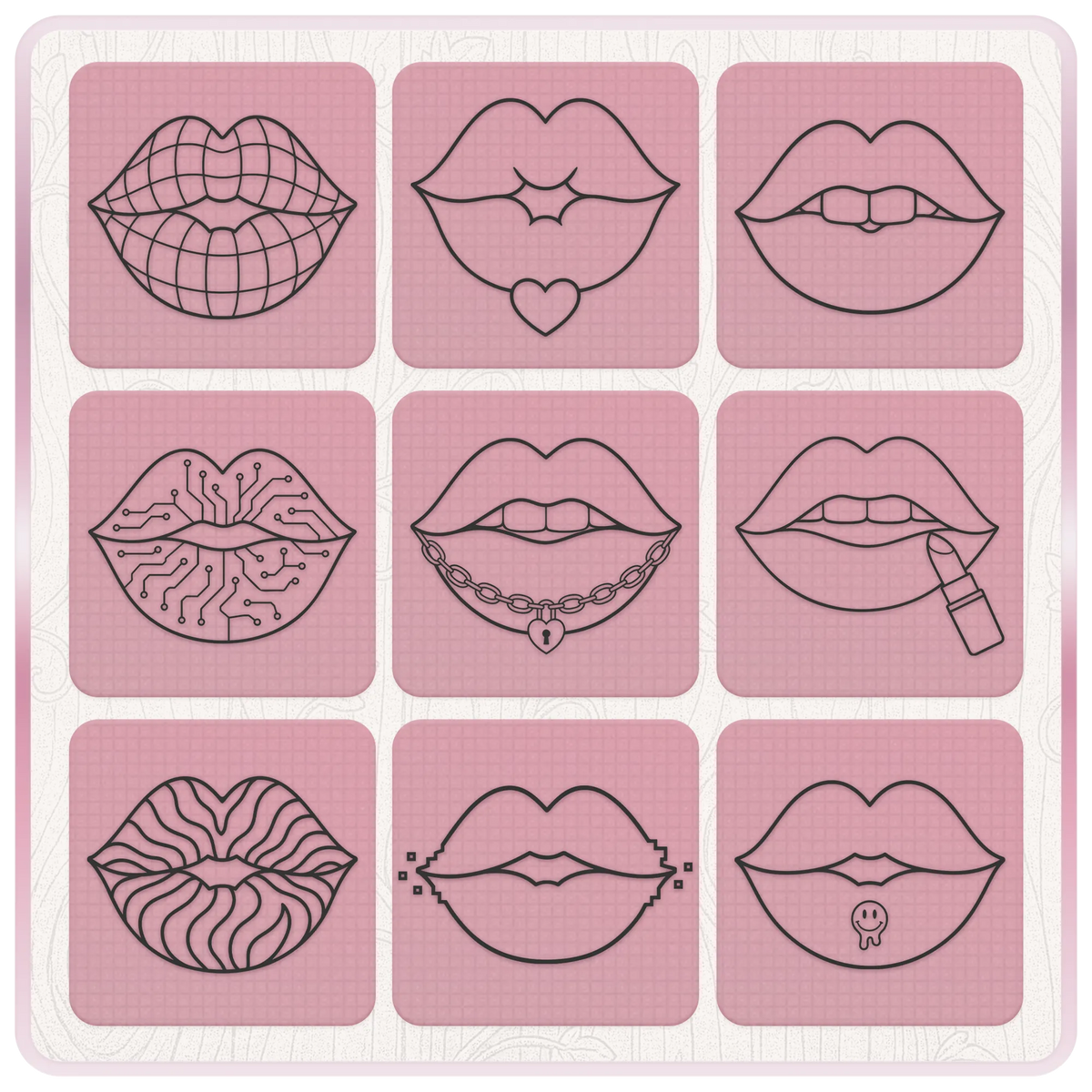 Retro Y2K lips clipart featuring cyber circuit lips, heart chain, lipstick, patterned lips, pixel lips and alternative lip designs