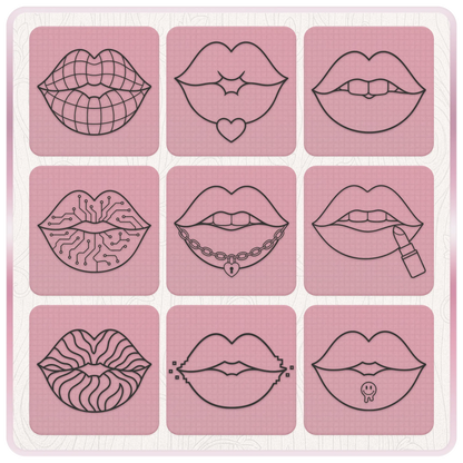 Retro Y2K lips clipart featuring cyber circuit lips, heart chain, lipstick, patterned lips, pixel lips and alternative lip designs