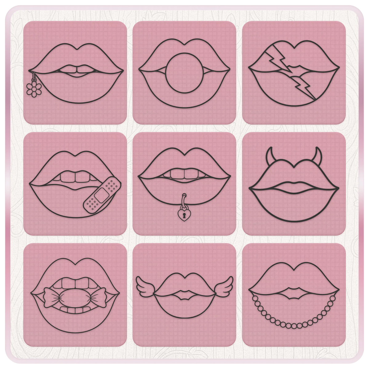 Girly Y2K lips SVG collection featuring flower piercing, bubblegum, lightning bolt, bandage, heart piercing, devil horns, candy and pearl chain lips