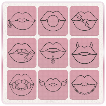 Girly Y2K lips SVG collection featuring flower piercing, bubblegum, lightning bolt, bandage, heart piercing, devil horns, candy and pearl chain lips