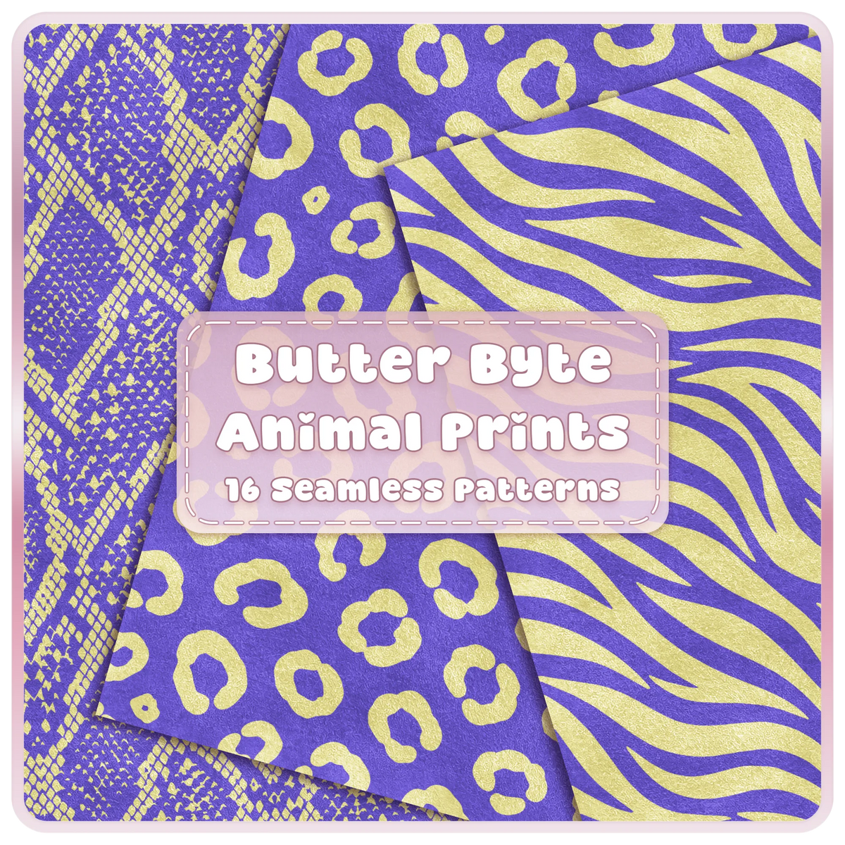 Butter Byte purple and yellow animal print seamless patterns featuring snake, leopard and zebra digital papers