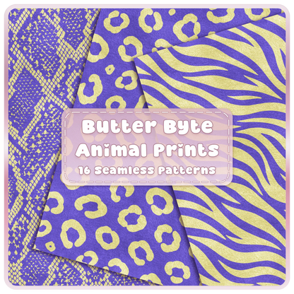 Butter Byte purple and yellow animal print seamless patterns featuring snake, leopard and zebra digital papers