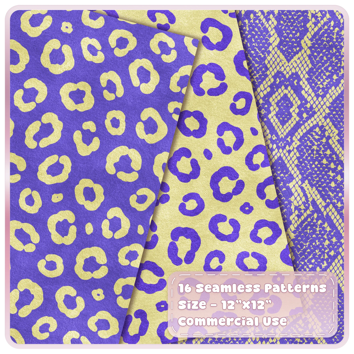 Purple and butter yellow leopard print and snakeskin seamless digital papers from the Butter Byte animal print collection