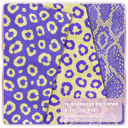 Purple and butter yellow leopard print and snakeskin seamless digital papers from the Butter Byte animal print collection